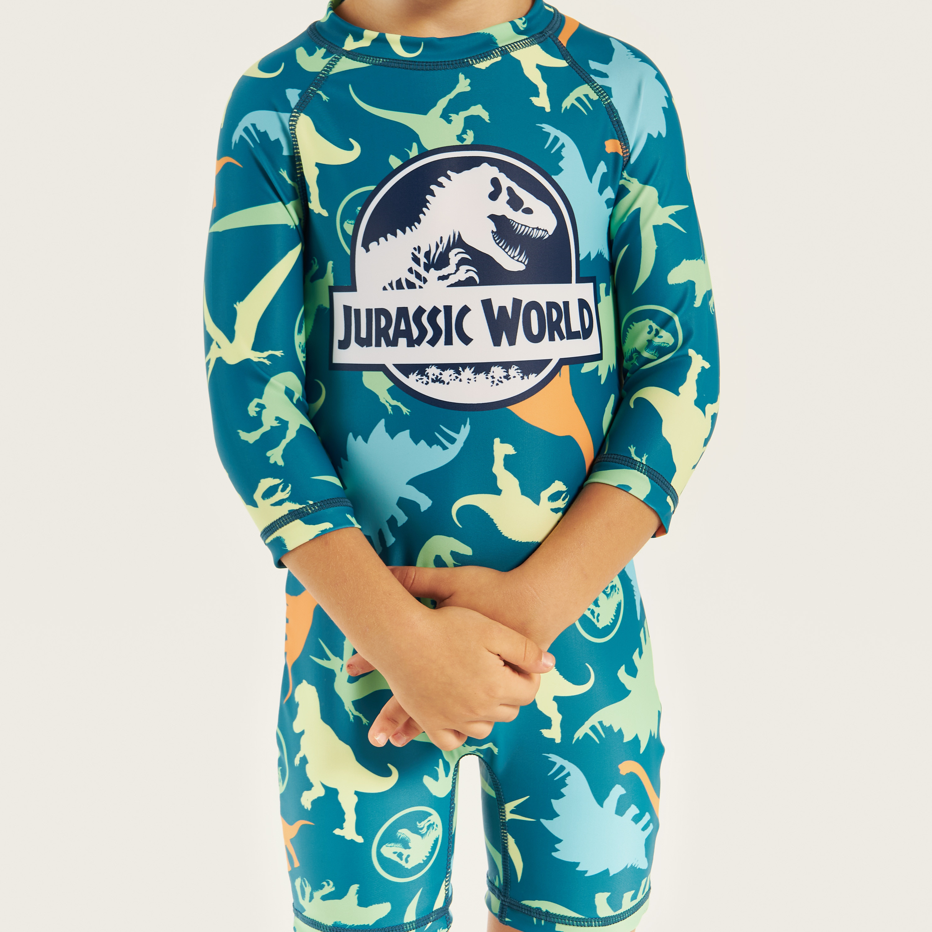 Jurassic World Print Swimsuit with 3/4 Sleeves and Zip Closure-baby-boys-clothing-swimwear-image-3