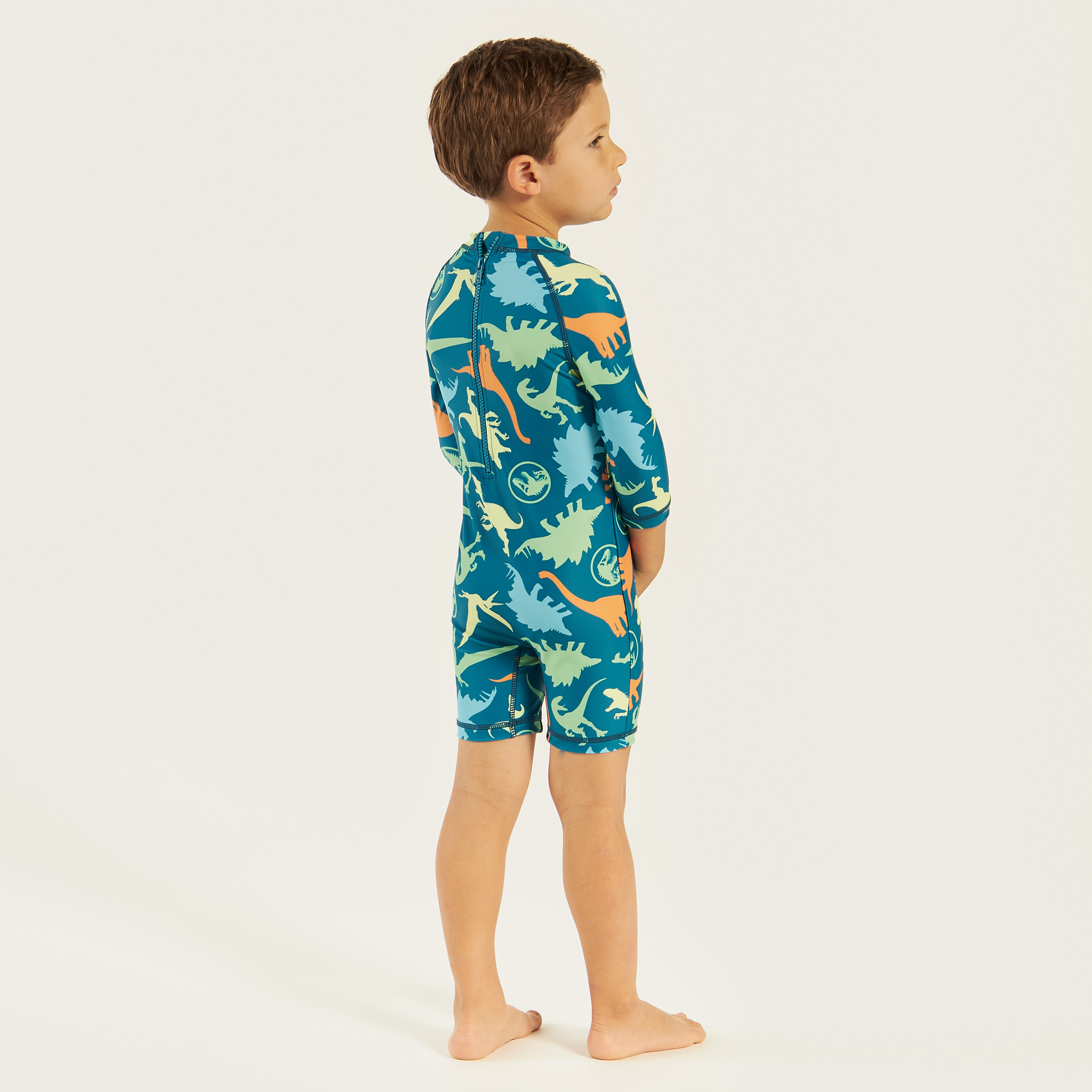 Jurassic World Print Swimsuit with 3/4 Sleeves and Zip Closure-baby-boys-clothing-swimwear-image-4