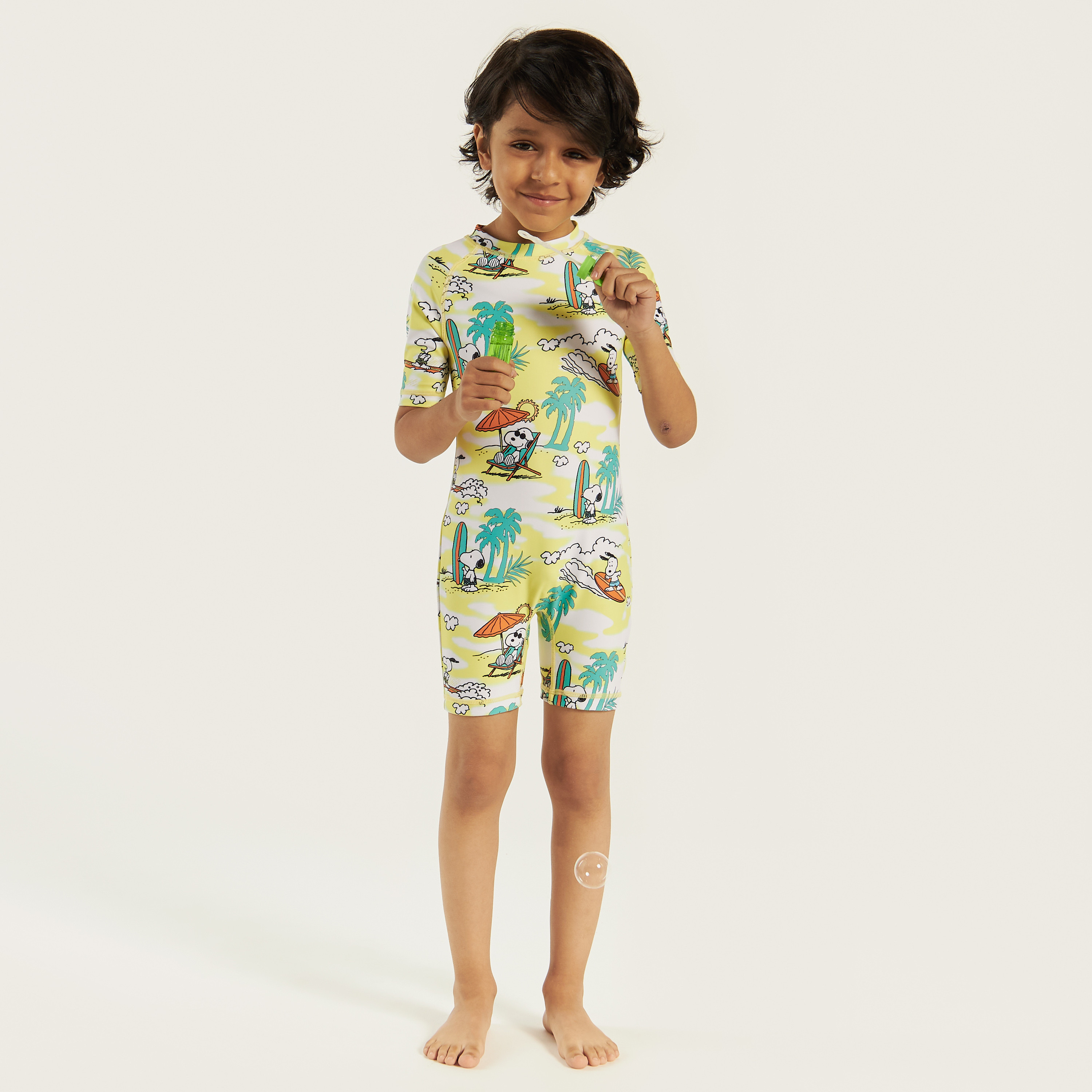All-Over Peanuts Print Swimsuit with Raglan Sleeves-baby-boys-clothing-swimwear-image-1