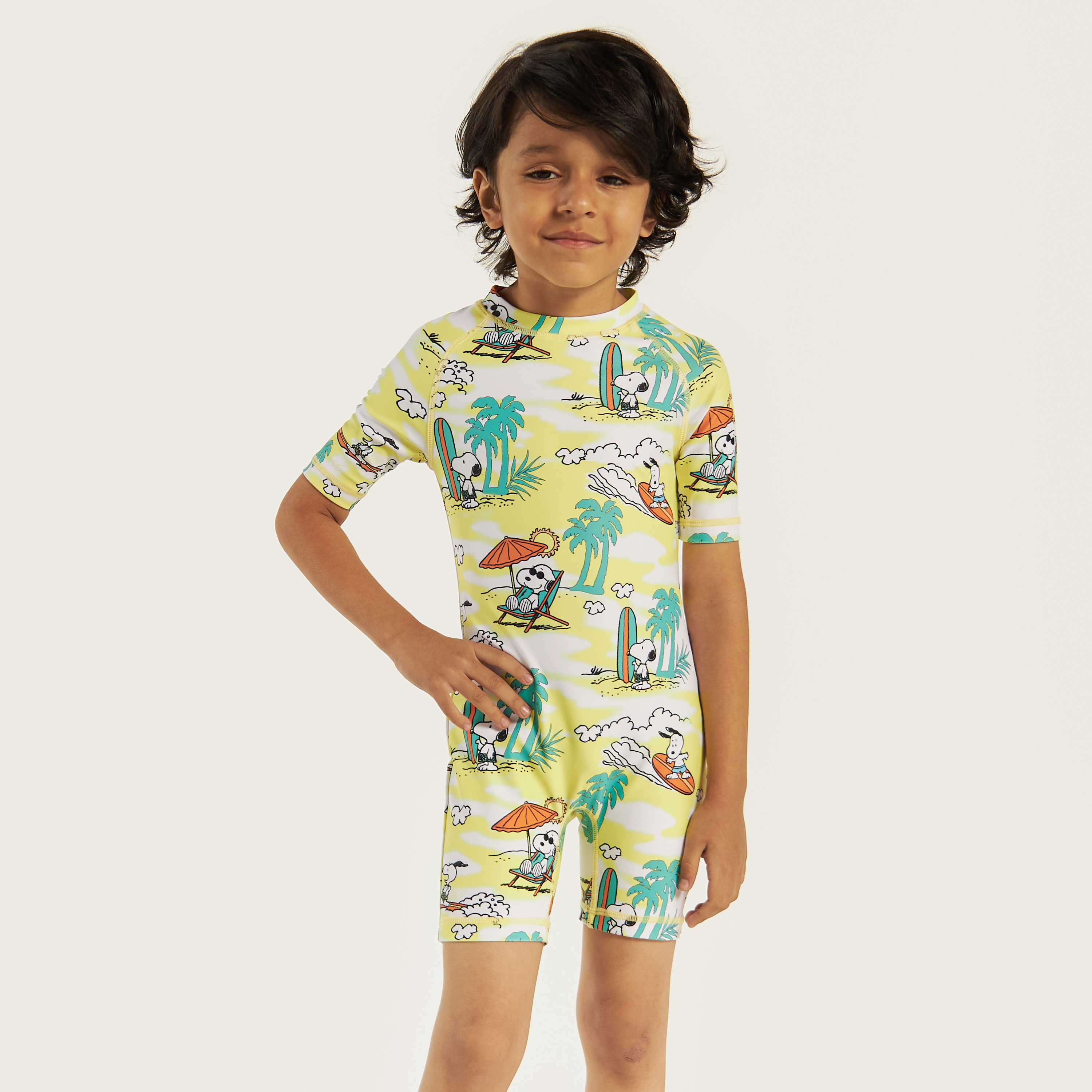 All-Over Peanuts Print Swimsuit with Raglan Sleeves-baby-boys-clothing-swimwear-image-2