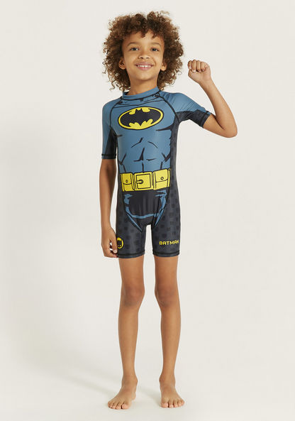 Batman Print Swimsuit with Round Neck and Short Sleeves-Swimwear-image-0