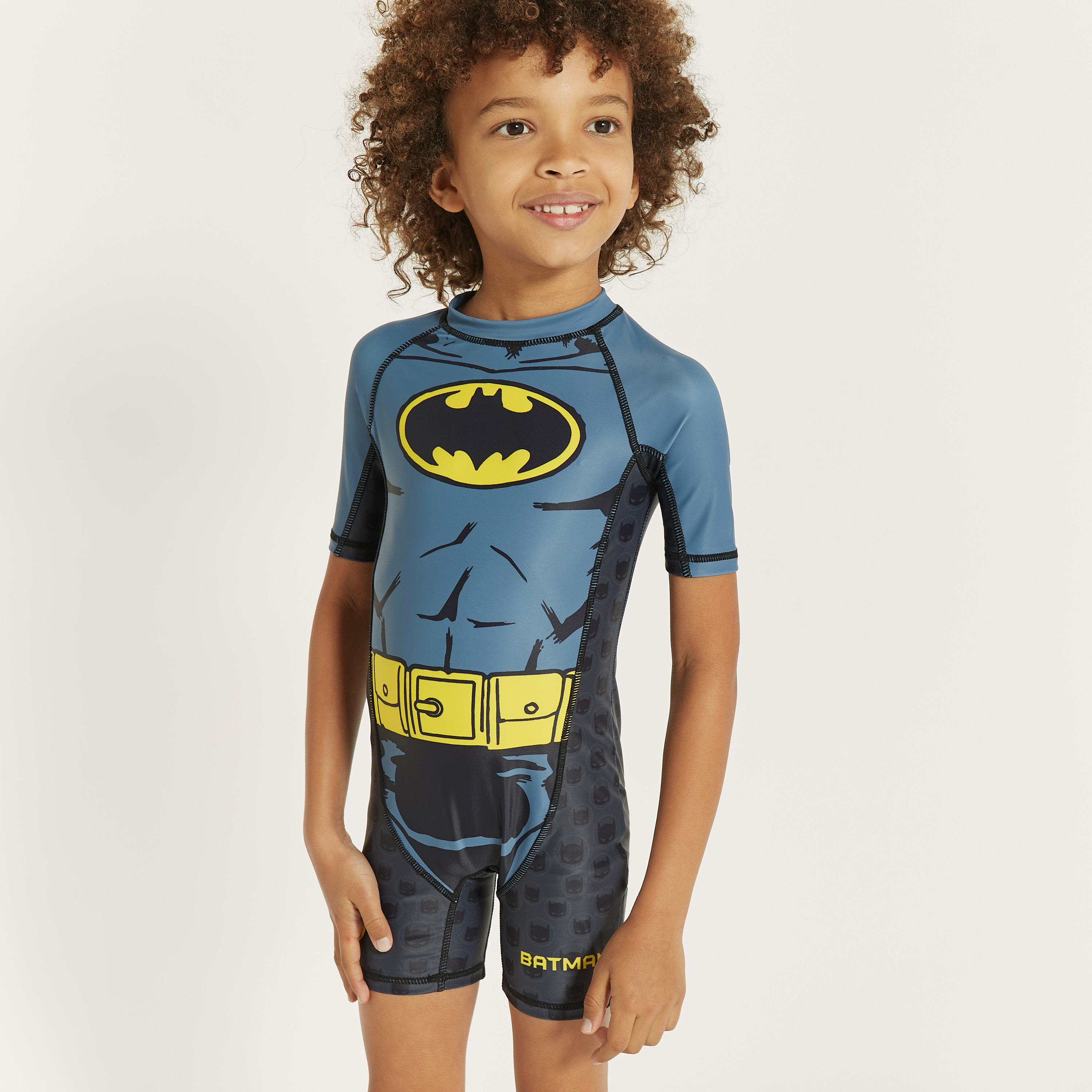 Batman Print Swimsuit with Round Neck and Short Sleeves