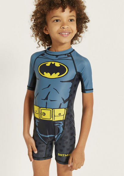 Batman Print Swimsuit with Round Neck and Short Sleeves-Swimwear-image-2