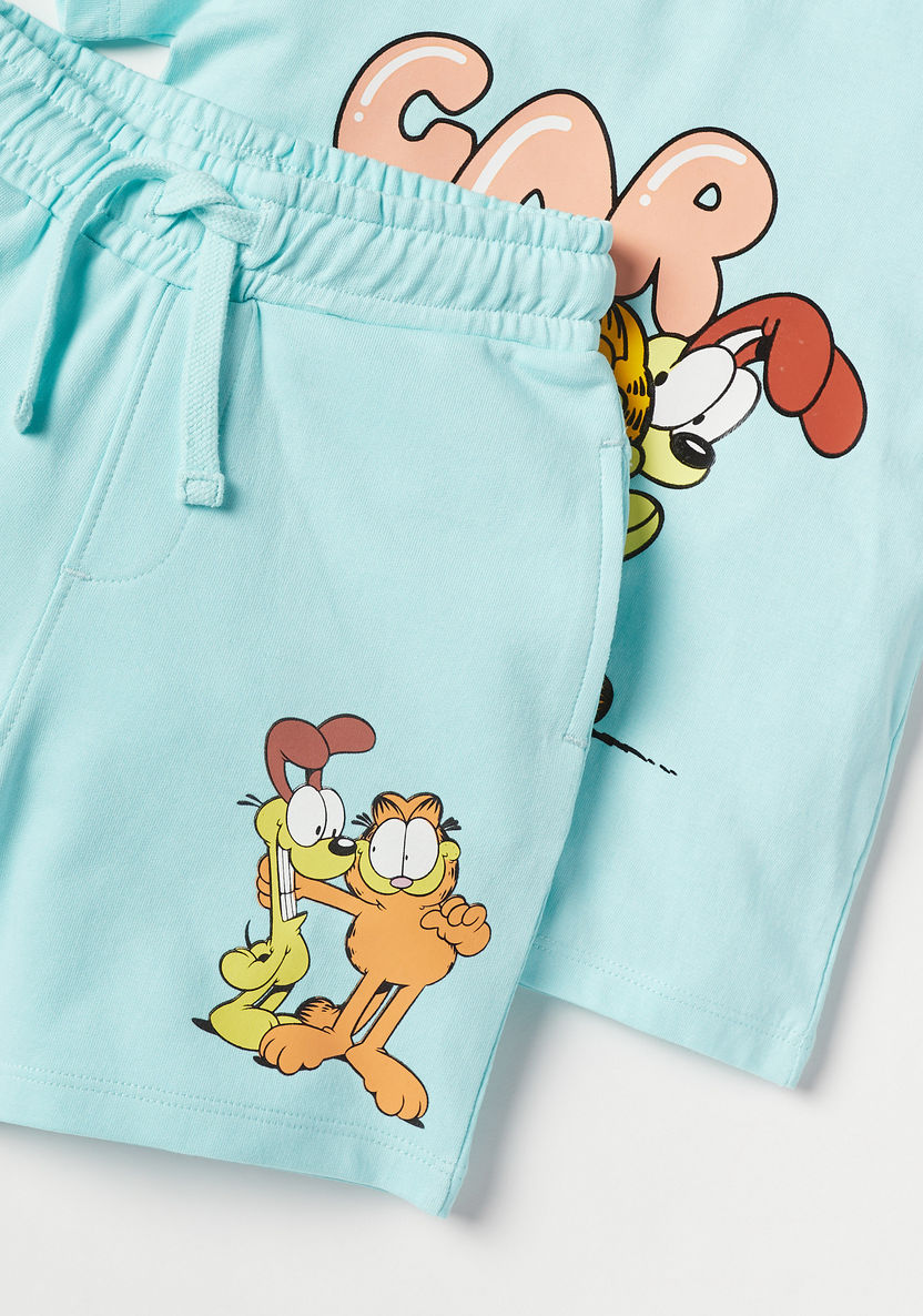 Garfield Print Round Neck Sleeves T-shirt and Elasticated Shorts Set-Clothes Sets-image-4