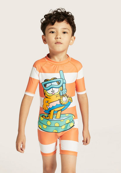 Garfield Print Swimsuit with Short Sleeves-Swimwear-image-1