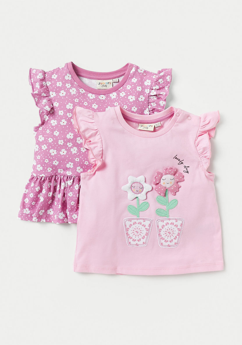 Juniors Floral Print T-shirt with Ruffle Detail - Set of 2-T Shirts-image-0