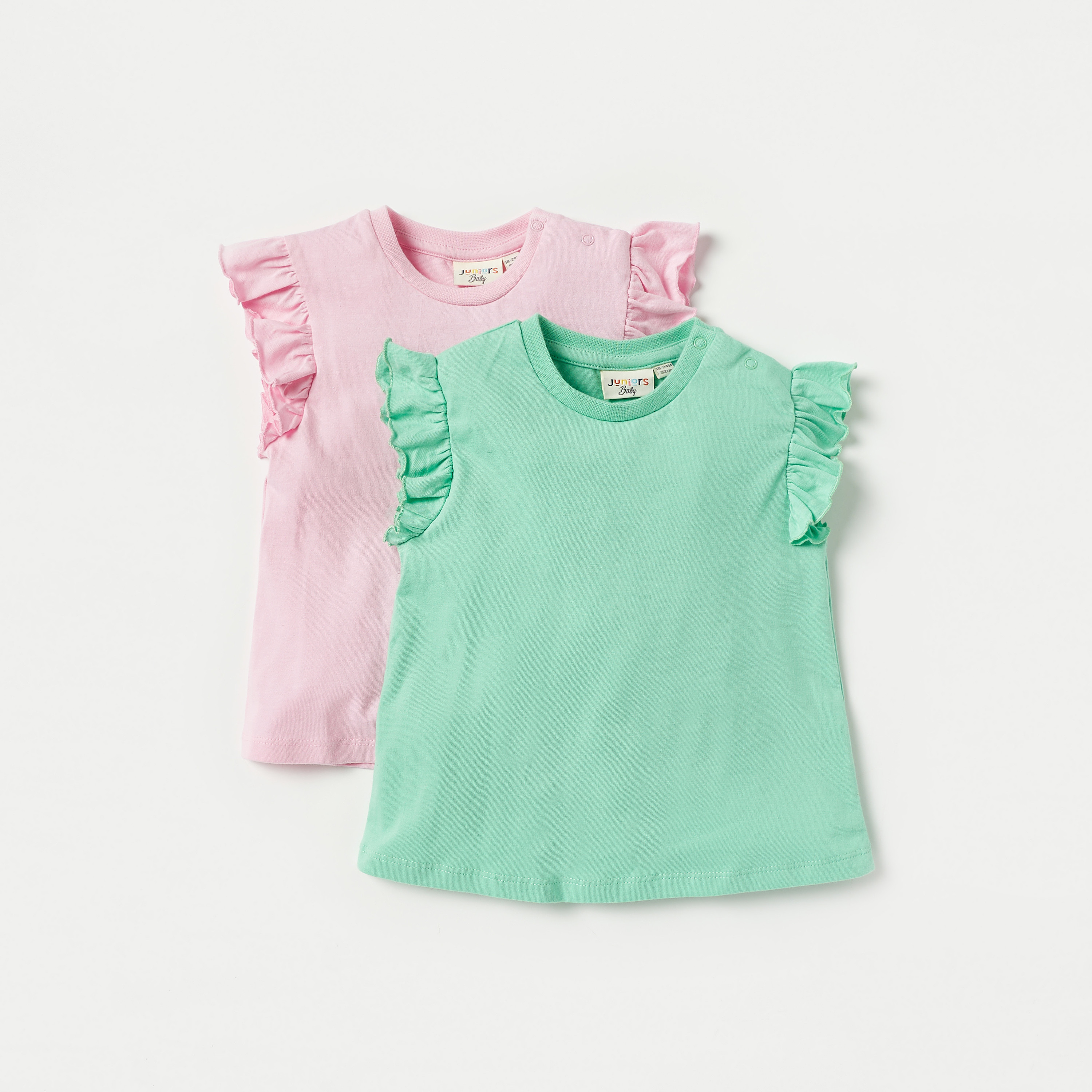 Juniors Solid Crew Neck Top with Ruffle Sleeves - Set of 2-baby-girls-clothing-tshirts-image-1