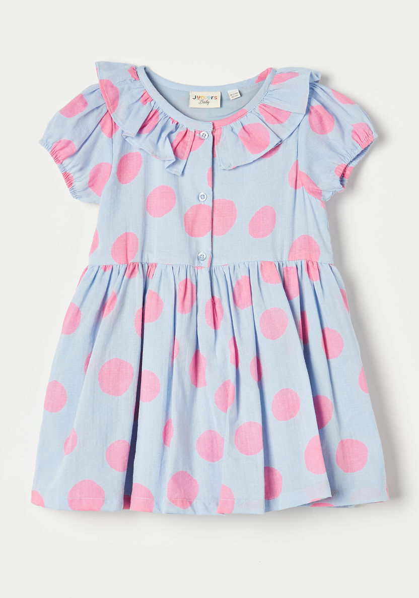 Juniors All-Over Polka Dot Print Dress with Ruffle Detail and Short Sleeves-Dresses, Gowns & Frocks-image-0
