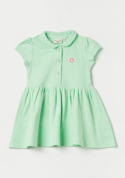 Juniors Floral Embroidered Polo Dress with Puff Sleeves and Button Closure-Dresses-image-0