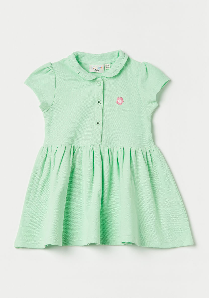 Juniors Floral Embroidered Polo Dress with Puff Sleeves and Button Closure-Dresses-image-0