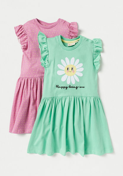 Juniors Printed Dress with Round Neck and Ruffle Sleeves-Dresses%2C Gowns and Frocks-image-0