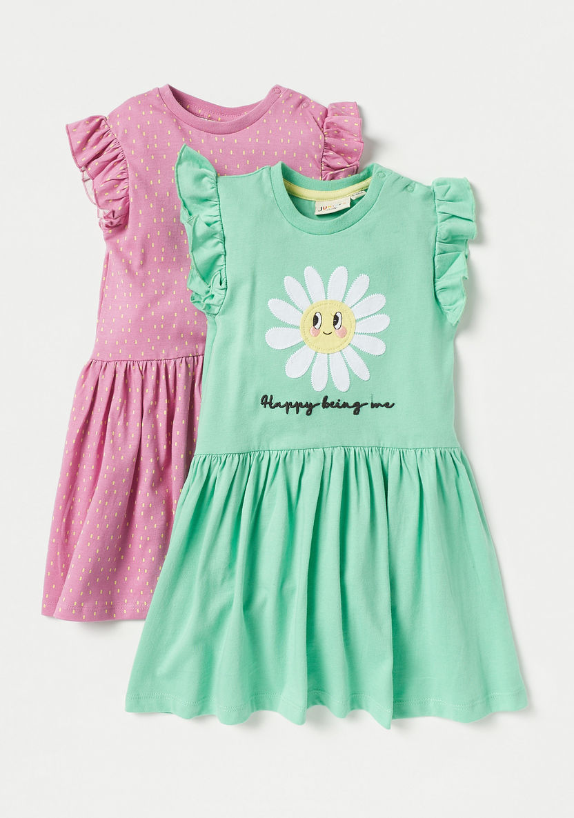 Juniors Printed Dress with Round Neck and Ruffle Sleeves-Dresses, Gowns & Frocks-image-0