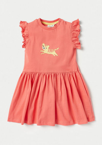 Juniors Printed Dress with Round Neck and Ruffle Sleeves-Dresses%2C Gowns and Frocks-image-1