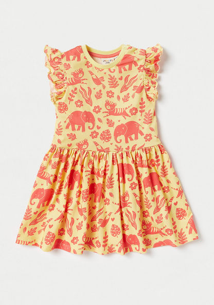 Juniors Printed Dress with Round Neck and Ruffle Sleeves-Dresses%2C Gowns and Frocks-image-2