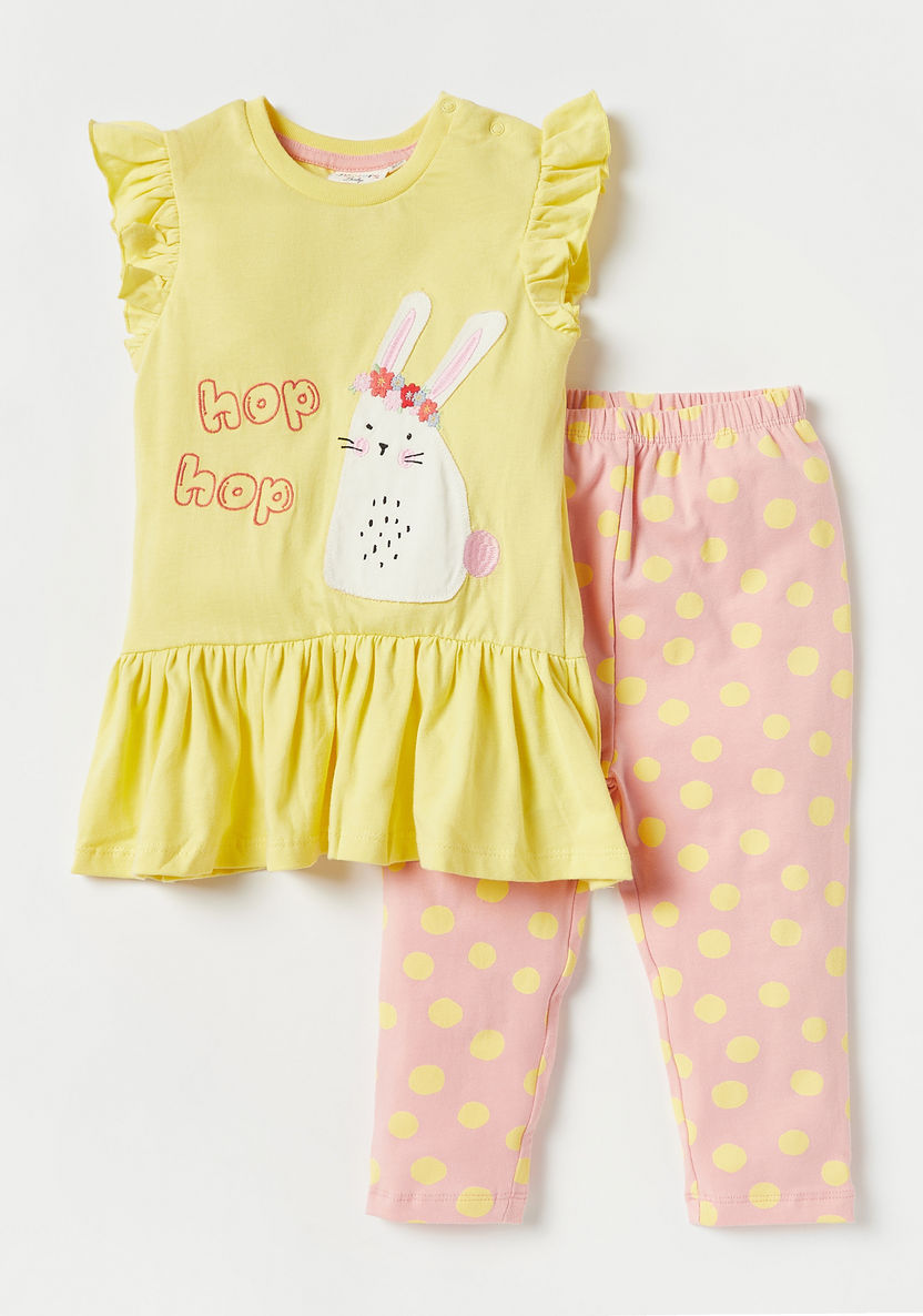 Juniors Bunny Print Top and Polka Dot Print Leggings Set-Clothes Sets-image-0