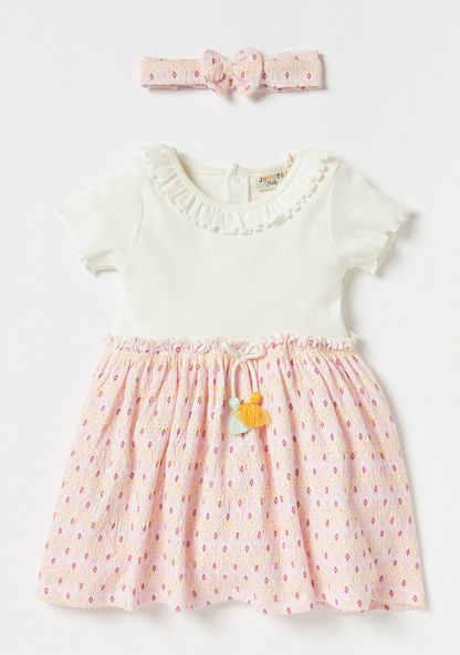 Juniors Printed Dress with Short Sleeves and Bow Headband-Dresses%2C Gowns and Frocks-image-0