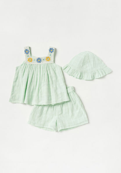 Juniors Embroidered Sleeveless Top with Shorts and Cap Set-Clothes Sets-image-0