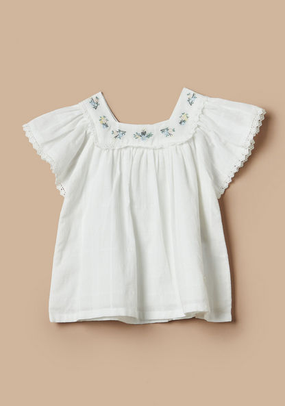 Giggles Embroidered Top with Flutter Sleeves and Button Closure-Blouses-image-0