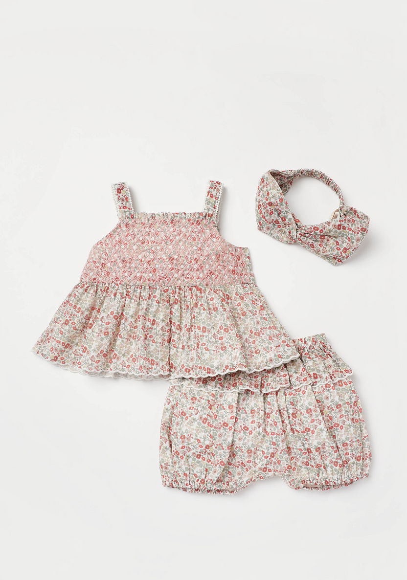 Giggles All-Over Floral Print Sleeveless Top with Shorts and Hairband-Clothes Sets-image-0