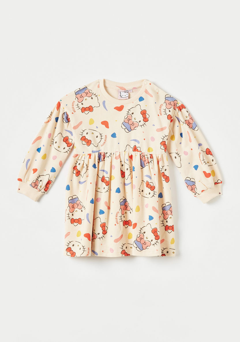 Sanrio All-Over Hello Kitty Print Dress with Long Sleeves-Dresses, Gowns & Frocks-image-0