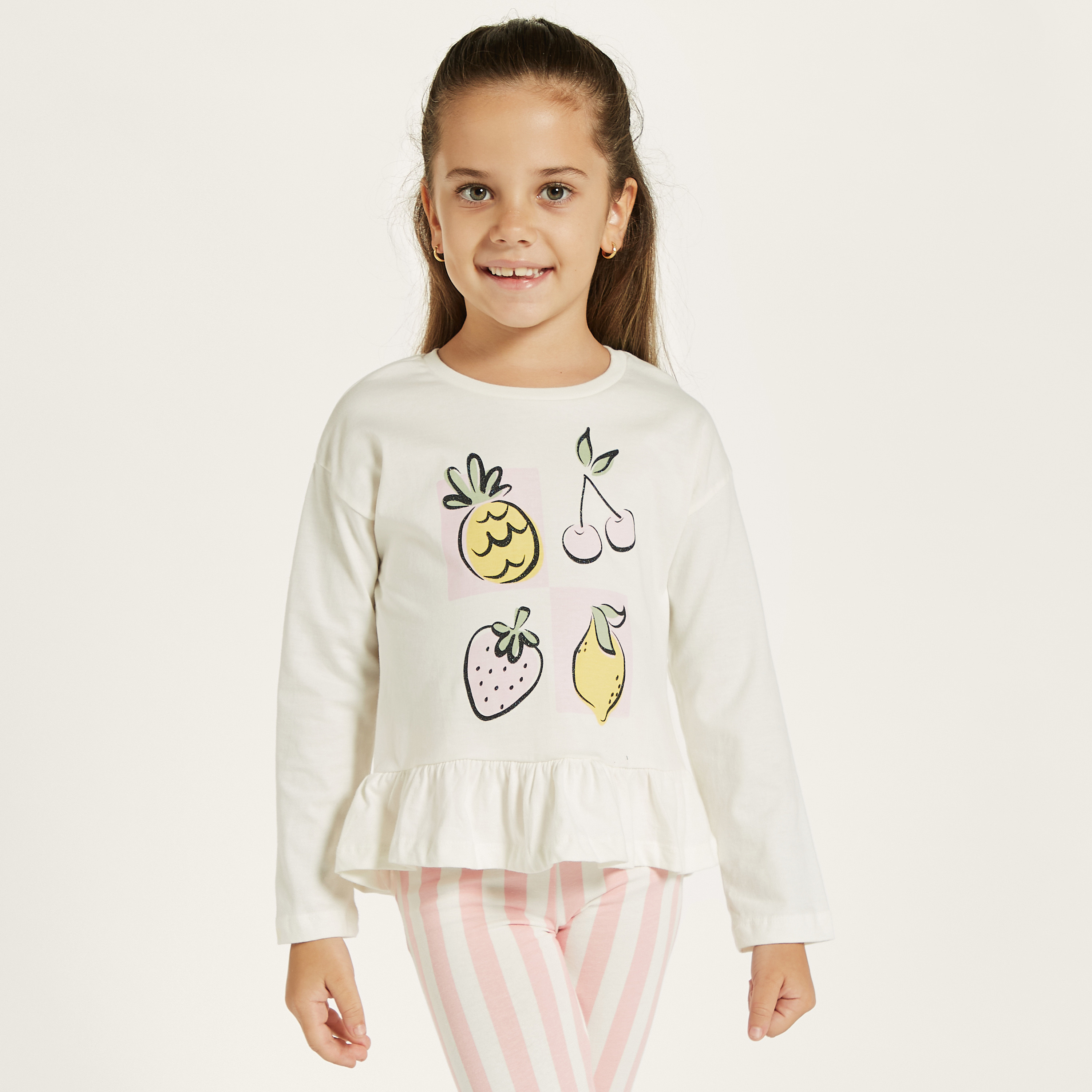 Juniors Fruits Print T-shirt with Long Sleeves and Ruffled Hem - Set of 2-girls-clothing-tshirts-image-1