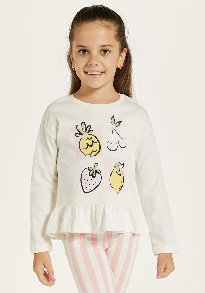Juniors Fruits Print T-shirt with Long Sleeves and Ruffled Hem - Set of 2-T Shirts-image-0