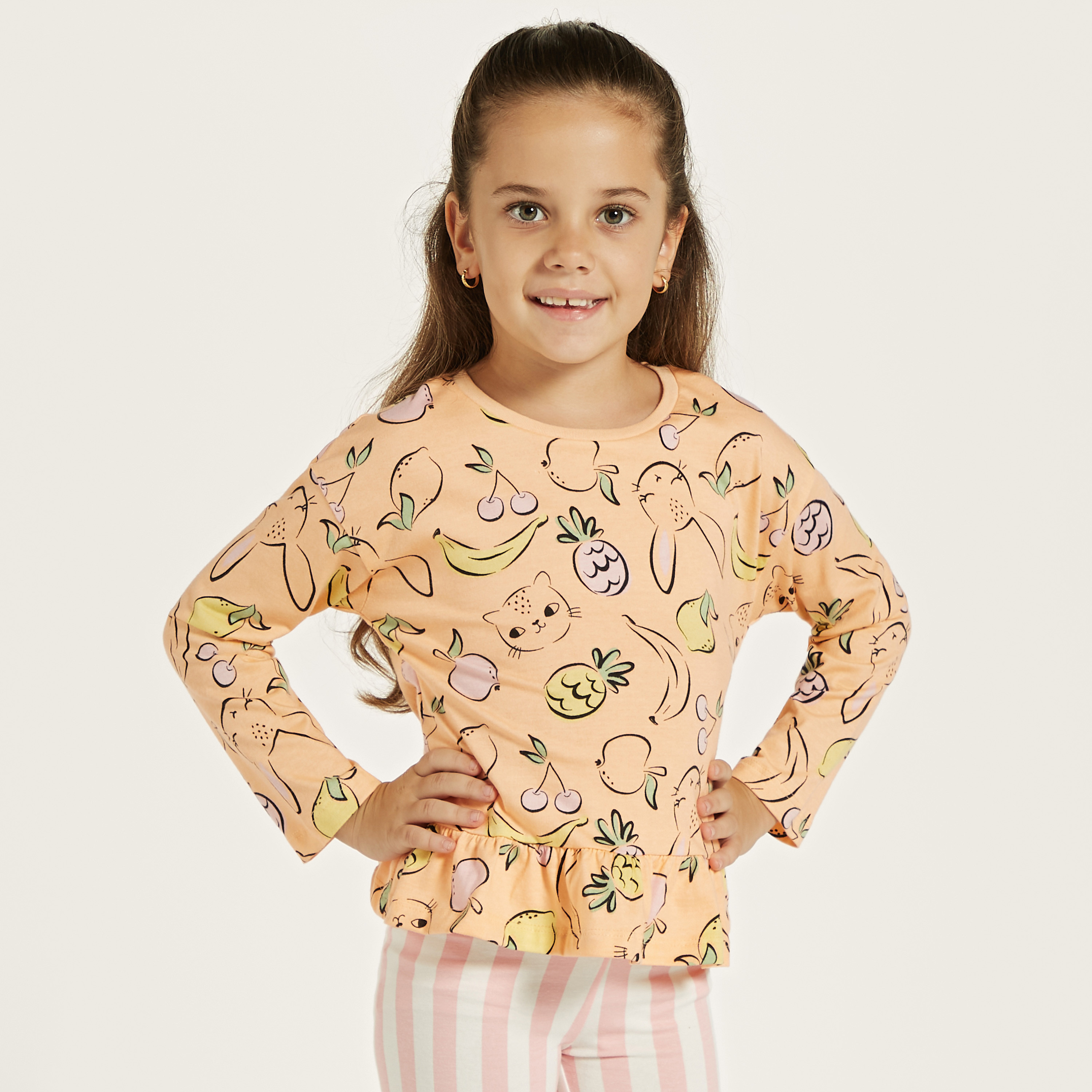Juniors Fruits Print T-shirt with Long Sleeves and Ruffled Hem - Set of 2-girls-clothing-tshirts-image-2