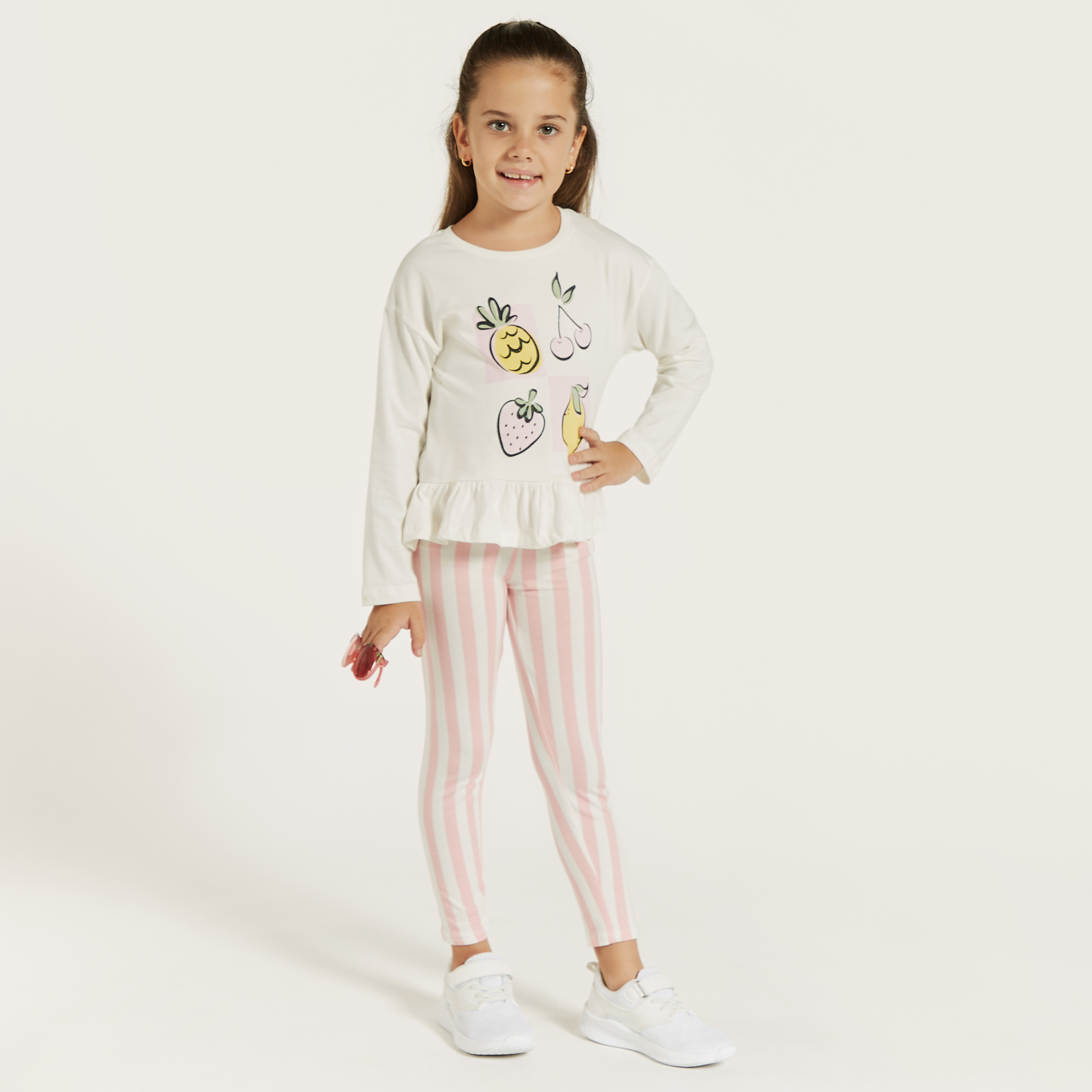 Juniors Fruits Print T-shirt with Long Sleeves and Ruffled Hem - Set of 2-girls-clothing-tshirts-image-3