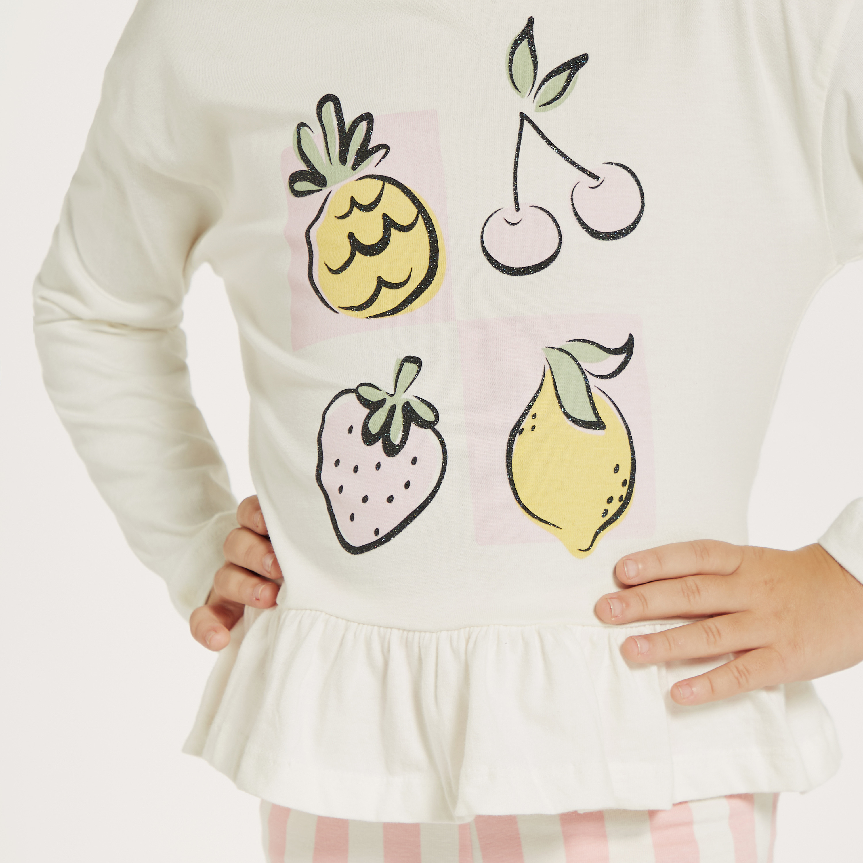 Juniors Fruits Print T-shirt with Long Sleeves and Ruffled Hem - Set of 2-girls-clothing-tshirts-image-4