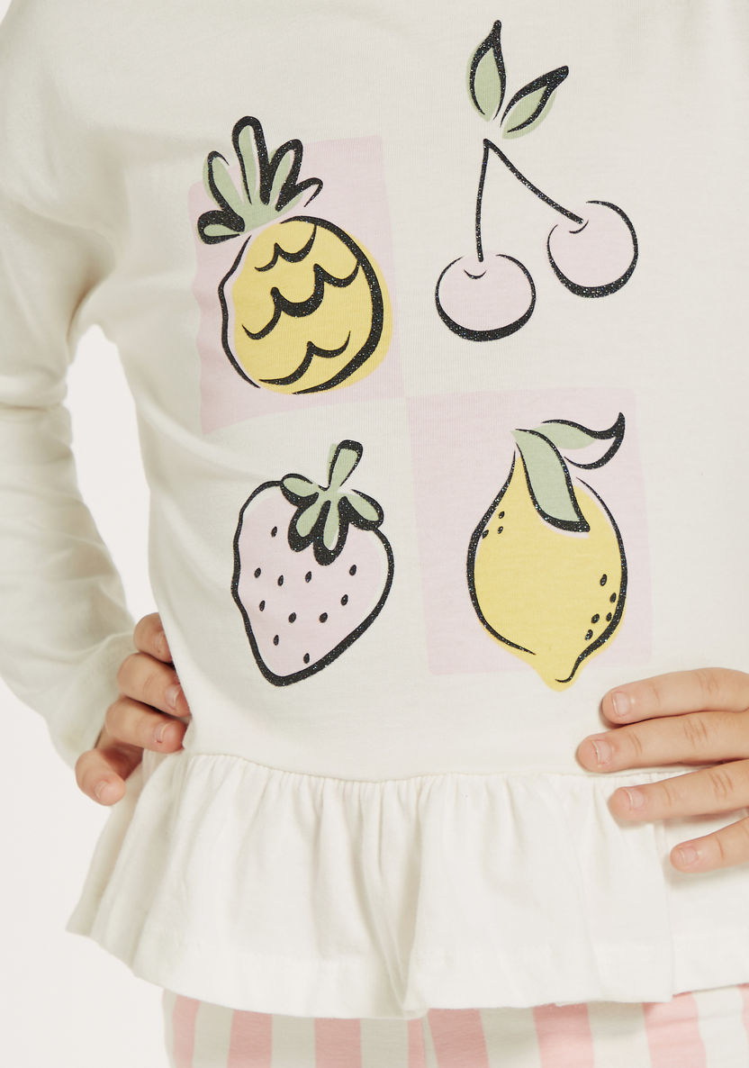 Juniors Fruits Print T-shirt with Long Sleeves and Ruffled Hem - Set of 2-T Shirts-image-3