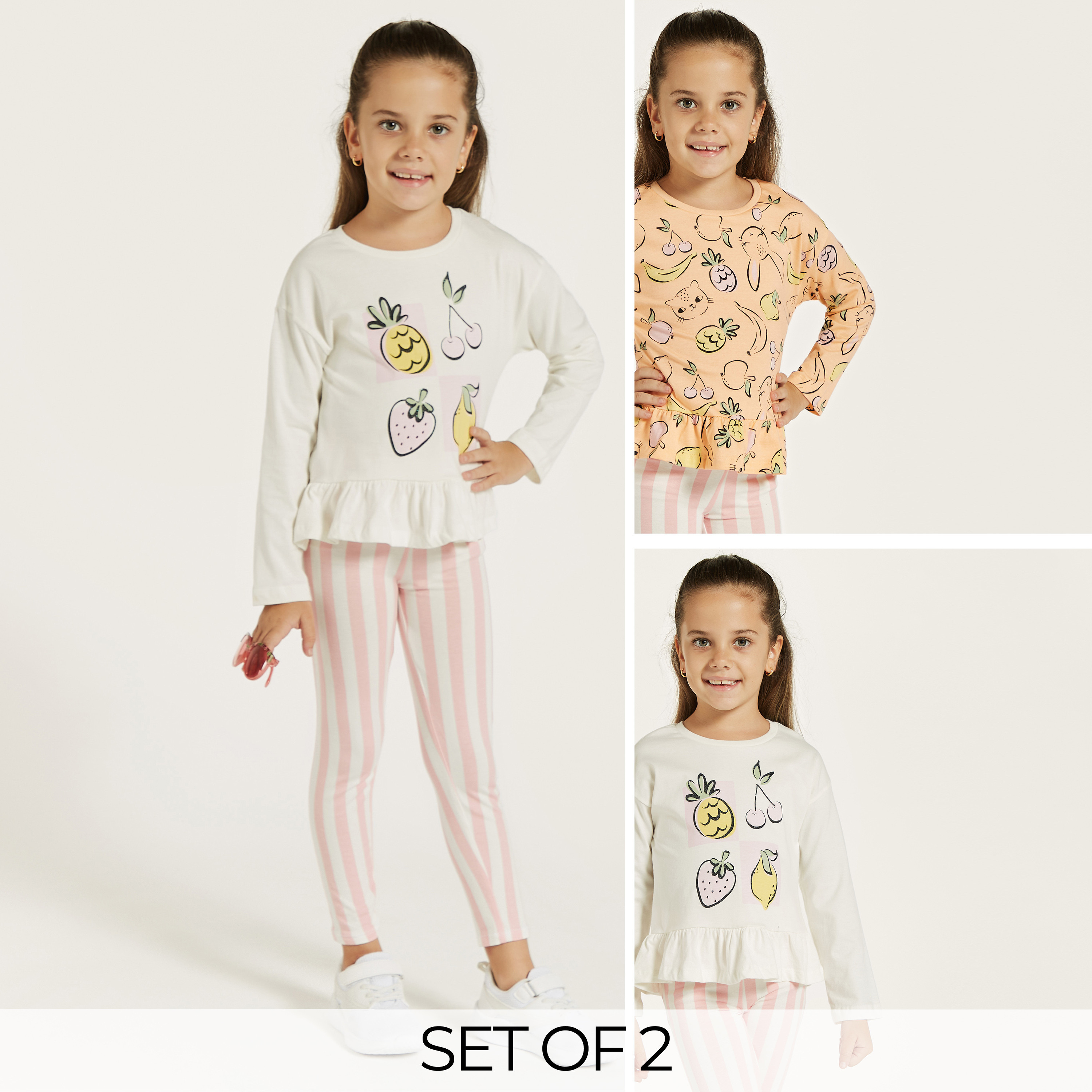 Juniors Fruits Print T-shirt with Long Sleeves and Ruffled Hem - Set of 2-girls-clothing-tshirts-image-7