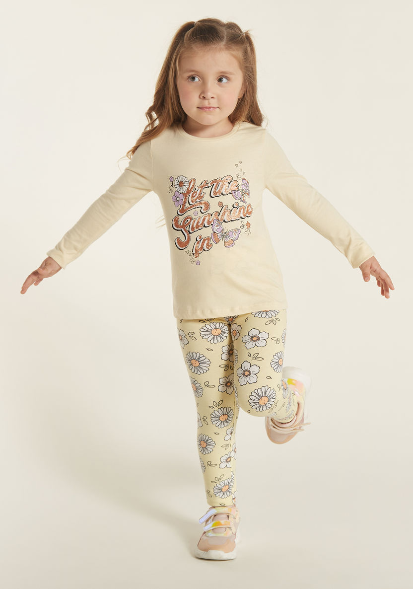 Juniors Glitter Graphic Print T-shirt with Long Sleeves and Round Neck-T Shirts-image-0