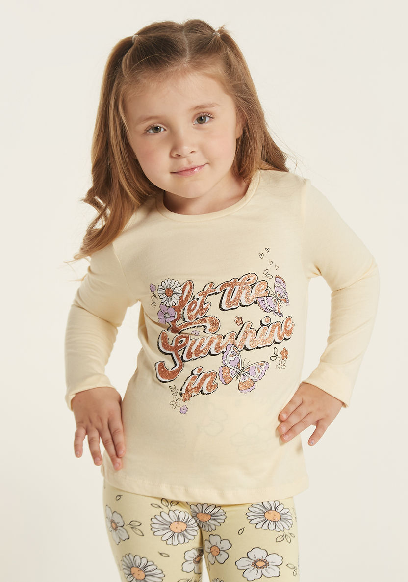 Juniors Glitter Graphic Print T-shirt with Long Sleeves and Round Neck-T Shirts-image-1