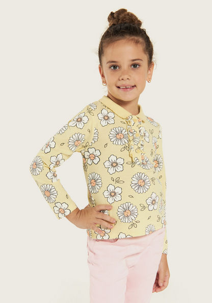 Juniors Floral Print Polo T-shirt with Long Sleeves-T Shirts-image-0