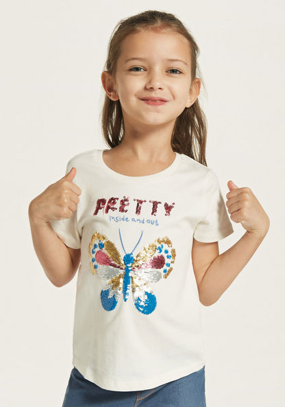Juniors Butterfly Sequin Embellished T-shirt with Short Sleeves-T Shirts-image-0