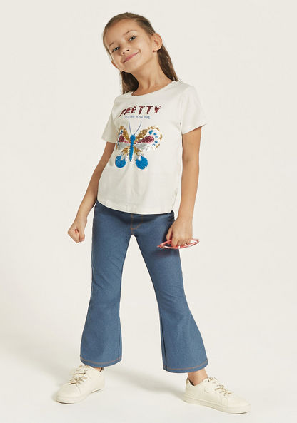 Juniors Butterfly Sequin Embellished T-shirt with Short Sleeves-T Shirts-image-1