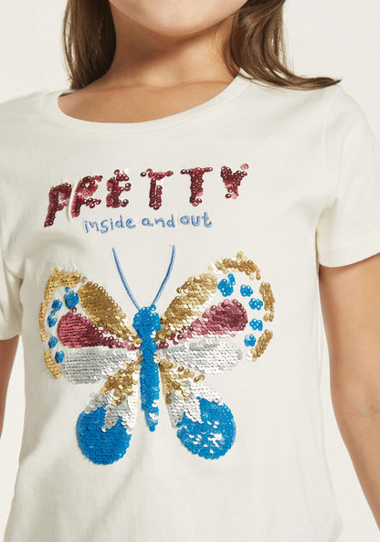 Juniors Butterfly Sequin Embellished T-shirt with Short Sleeves-T Shirts-image-2