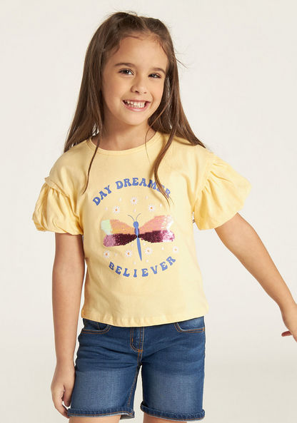Juniors Embellished Round Neck T-shirt with Short Sleeves-T Shirts-image-0