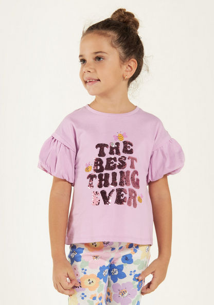 Juniors Sequinned Slogan Detail T-shirt with Short Puff Sleeves-T Shirts-image-0