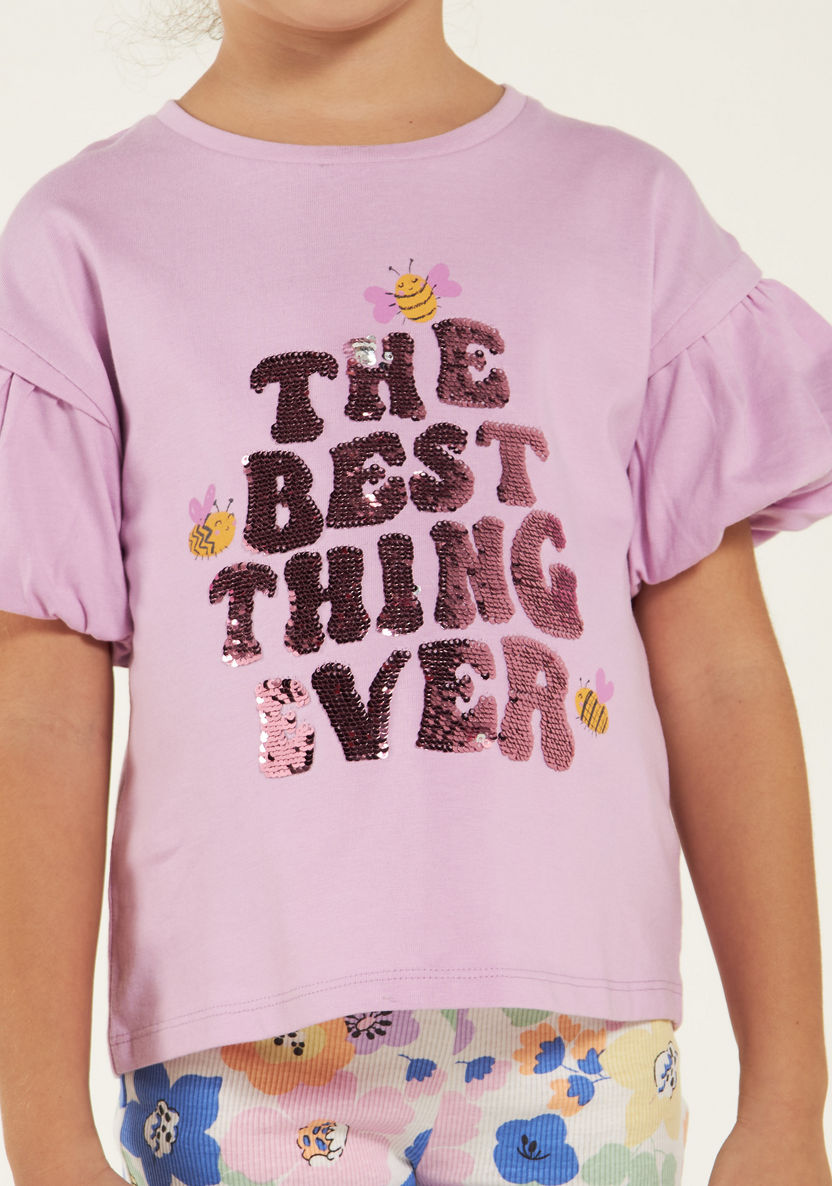 Juniors Sequinned Slogan Detail T-shirt with Short Puff Sleeves-T Shirts-image-2