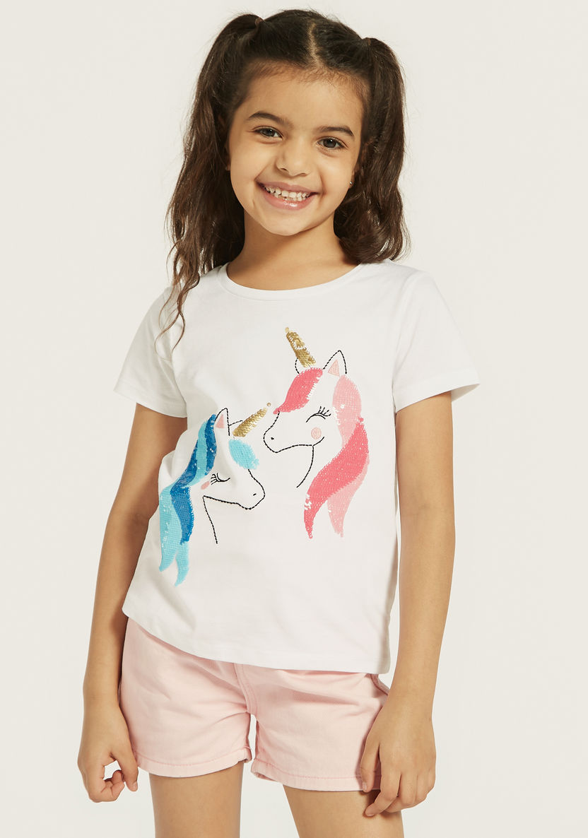 Juniors Unicorn Embellished T-shirt with Round Neck and Short Sleeves-T Shirts-image-4