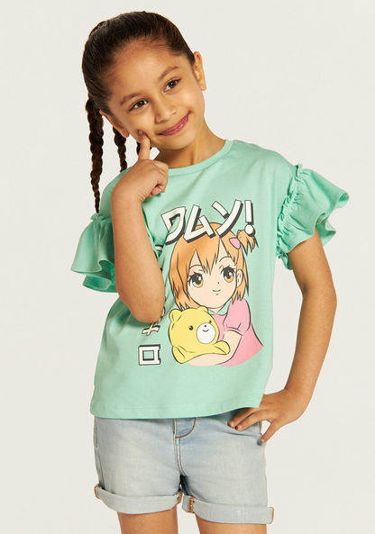 Juniors Anime Print Crew Neck T-shirt with Ruffled Sleeves-T Shirts-image-0