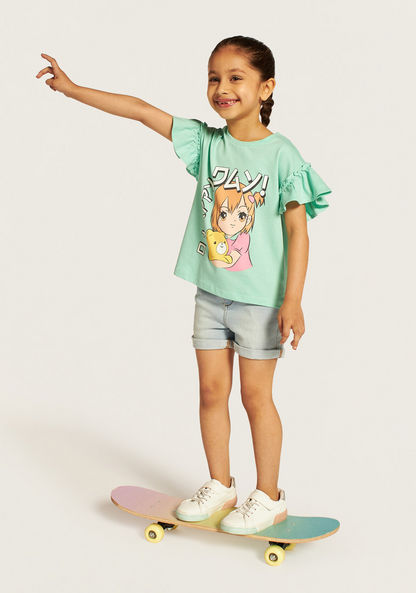 Juniors Anime Print Crew Neck T-shirt with Ruffled Sleeves-T Shirts-image-1
