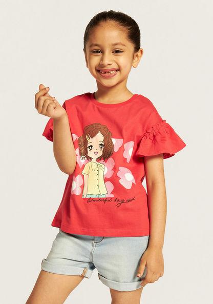 Juniors Printed T-shirt with Crew Neck and Bell Sleeves-T Shirts-image-0