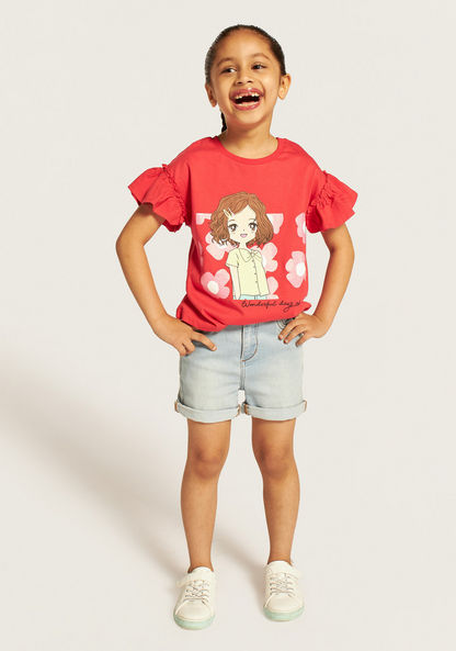 Juniors Printed T-shirt with Crew Neck and Bell Sleeves-T Shirts-image-1
