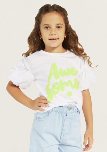 Juniors Typography Embellished T-shirt with Flared Sleeves and Ruffles-T Shirts-image-0