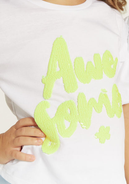Juniors Typography Embellished T-shirt with Flared Sleeves and Ruffles-T Shirts-image-2
