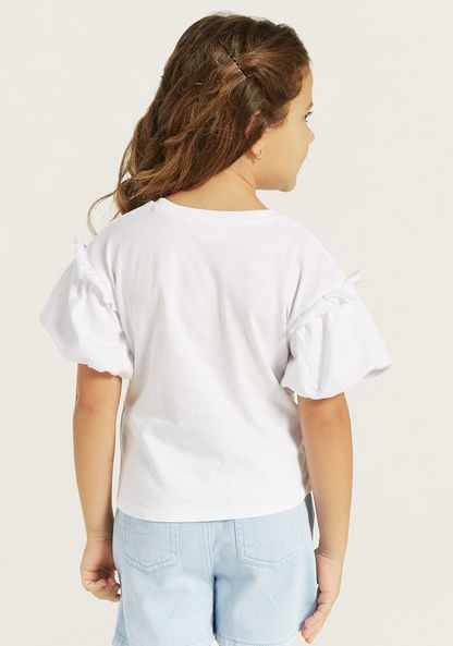 Juniors Typography Embellished T-shirt with Flared Sleeves and Ruffles-T Shirts-image-3