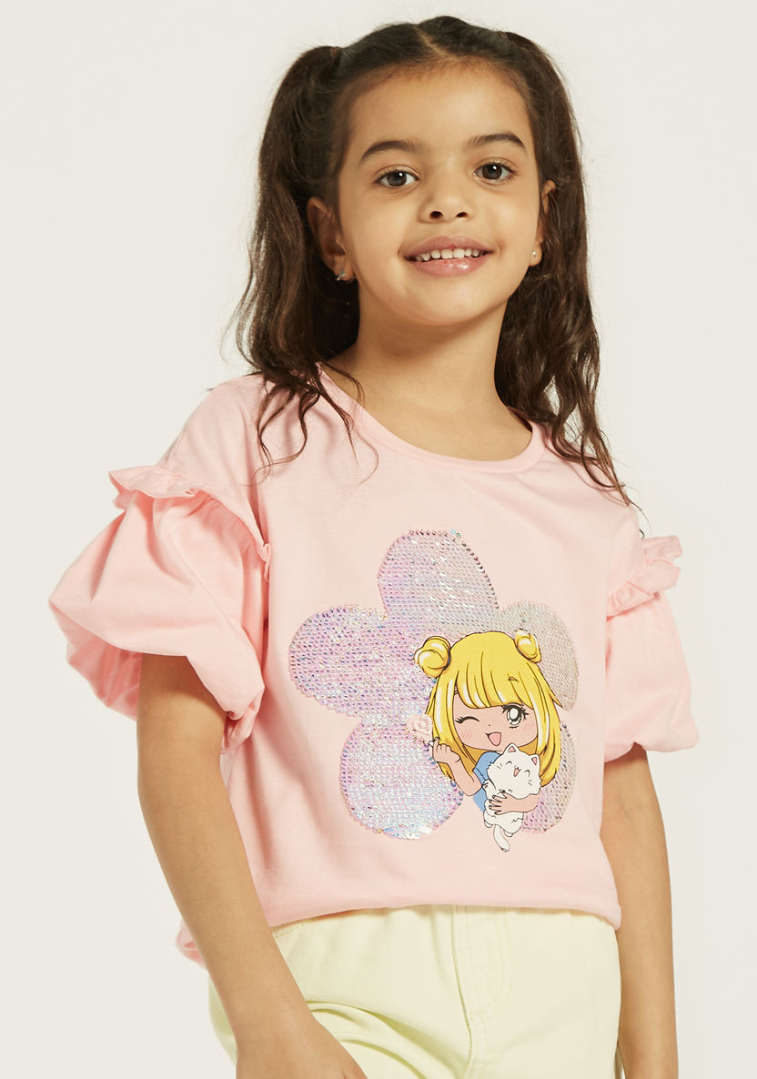 Juniors Embellished T-shirt with Round Neck and Balloon Sleeves-T Shirts-image-0