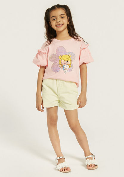 Juniors Embellished T-shirt with Round Neck and Balloon Sleeves-T Shirts-image-1